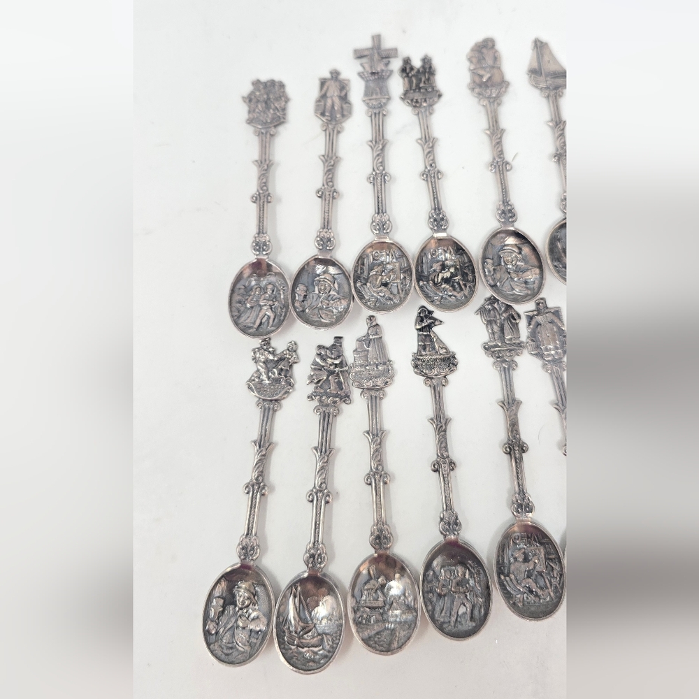 Vtg Holland Dutch demitasse mini spoons stamped novelty ornate figural set of 12 - Picture 3 of 10
